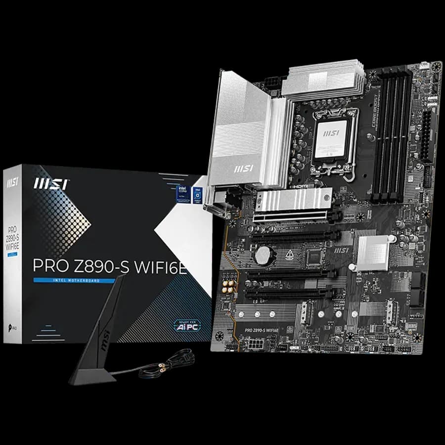 MSI Pro Z890-S WIFI6E, LGA 1851, Dual Channel DDR5 up to 8800 OC MHz, 4x PCIe x16 slots, 3x M.2 slot, 6x USB 3.2 Gen 1, 1x USB 3.2 Gen 2x2 Type-C, 1x HDMI, 1x DP, 2.5Gbps LAN, WIFI6E, 7.1 Audio, 3Y