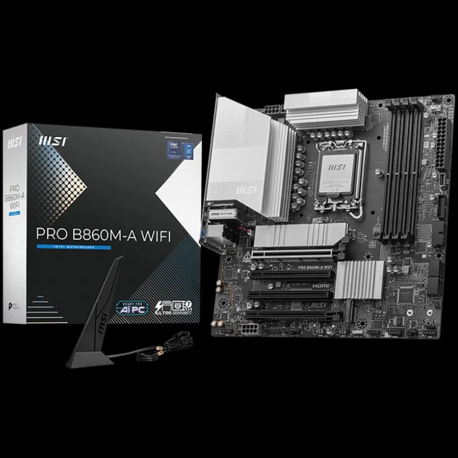 MSI Pro B860M-A WIFI, mATX, LGA 1851, 4x DDR5 Dual Channel DDR5 up to 8600 OC MHz, 4x PCIe x16 slot, 3x M.2 slot, 2x USB 2.0, 2x USB 5Gbps, 1x USB 10Gbps, 1x USB 5Gbps Type-C, HDMI, DP, 7.1 HD Audio, 5G LAN, WiFi , BT, 3Y