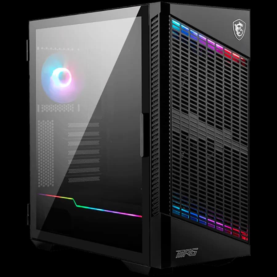 MSI MPG VELOX 100P AIRFLOW, Mid-Tower, ATX/Micro-ATX/Mini-ITX, 2x USB 3.2 Gen 1 Type-A, 1x USB 3.2 Gen 2x2 Type-C, 1x Audio Mic, 4x 120mm Fans 1x ARGB , ARGB Hub, Mesh Front Panel, Vertical GPU Bracket No Riser Cable Included , Tempered Glass