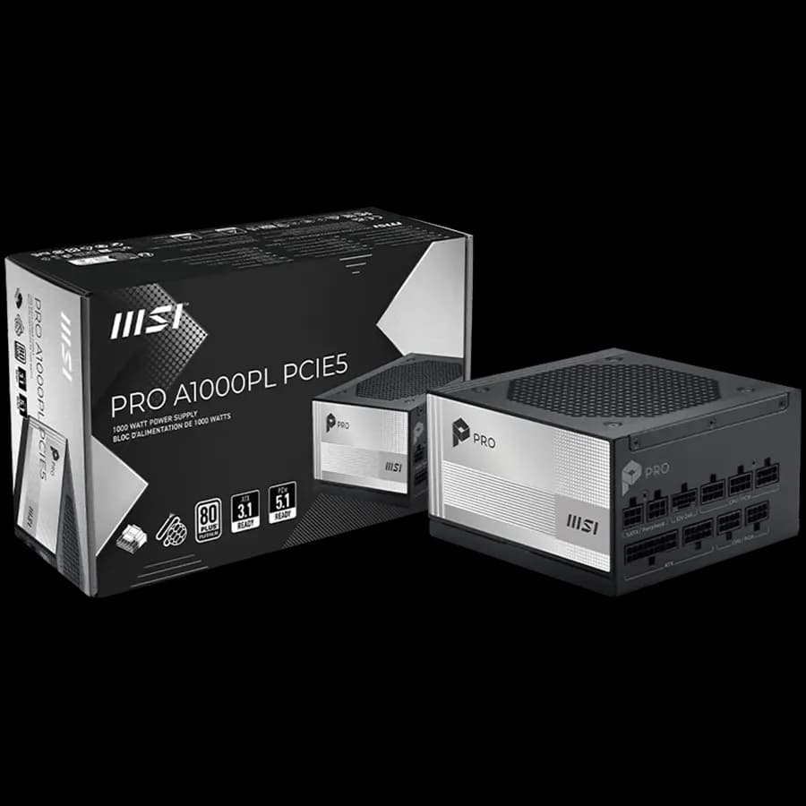 MSI PRO A1000PL PCIE5, 1000W, 80 Plus Platinum, 120mm Fluid Dynamic Bearing Fan, Protections: OCP/OTP/OPP/SCP/OVP/UVP/SIP/NLO, Dimensions: 150mmx150mmx86mm, 7Y Warranty