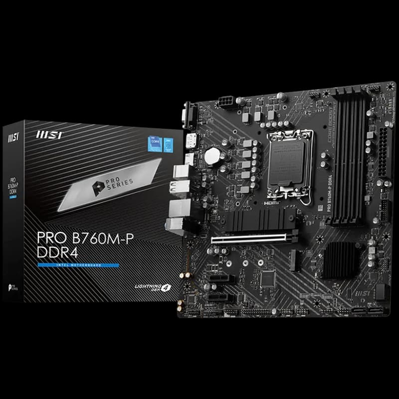 MSI Pro B760M-P DDR4, mATX, Socket 1700, Dual Channel DDR4 4800 OC MHz, 1x PCIe x16 slots, 2x M.2 slots, 1x HDMI, 1x DP, 1x VGA, 1x USB 3.2 Gen 2 Type-C, 1x USB 3.2 Gen 1, 4x USB 2.0, 7.1 HD Audio, 1Gbps LAN, 3Y