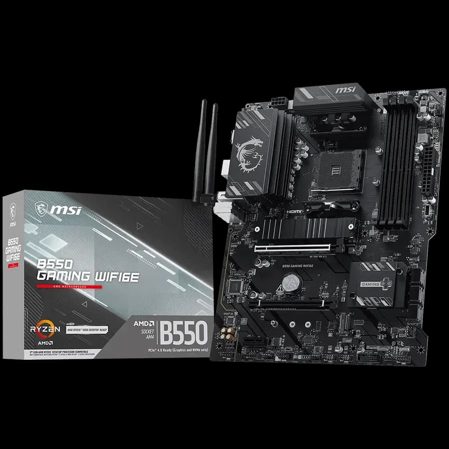MSI B550 Gaming WIFI6E, ATX, Socket AM4, 4 DIMM, Dual Channel DDR4 up to 4800+ OC MHz, 1x PCIe 4.0 x16 slot, 2x M.2 slots, 2x USB 3.2 Gen 1, 1x USB 3.2 Gen 2, 1x USB 3.2 Gen 2 Type-C, 4x USB 2.0, 1x HDMI,1x DP, 1G LAN, WIFI6E, 7.1 Audio, 3Y