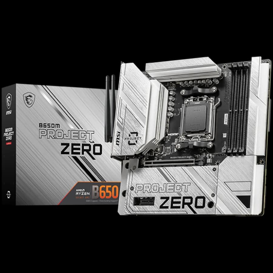 MSI B650M Project ZERO, mATX, Socket AM5, Dual Channel DDR5 7600+ OC MHz, 1x PCIe x16 slot, 2x M.2 slots, 1x HDMI, 1x DP, 2xUSB 2.0, 2xUSB 5Gbps Type A, 3xUSB 10Gbps Type A, 1xUSB 20Gbps Type C, 7.1 HD Audio, 2.5Gbps LAN