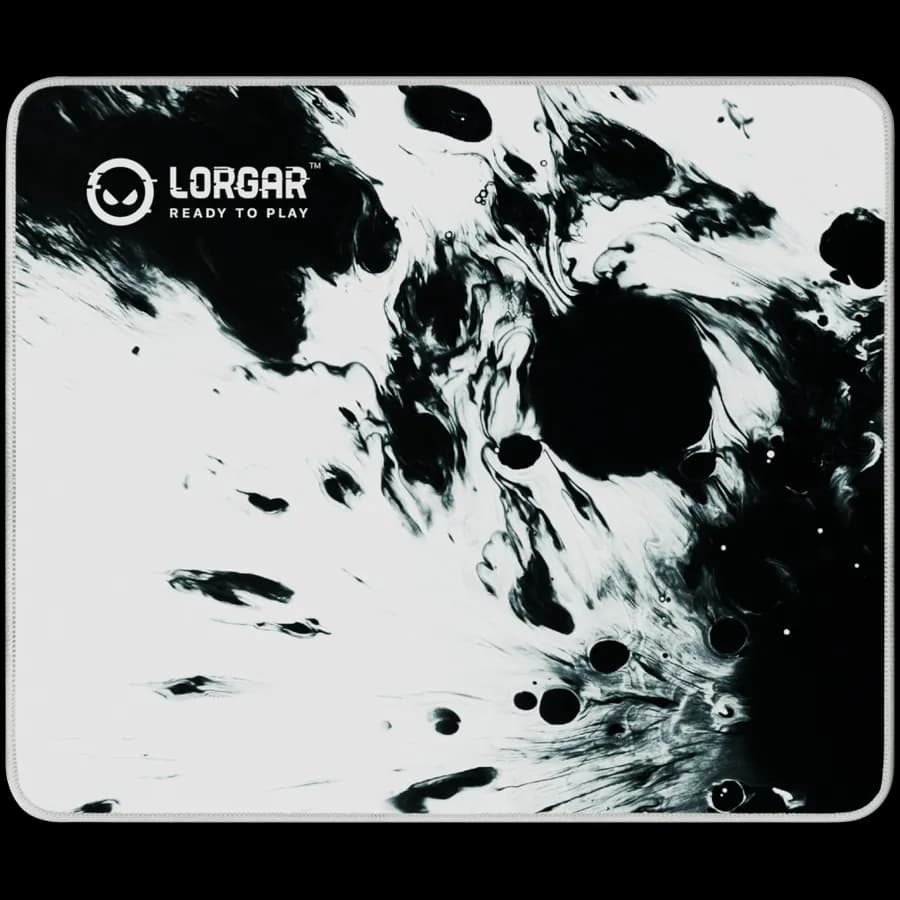 full print white and black design, bottom is black rubber with embossed LORGAR logo with double side edge stitching