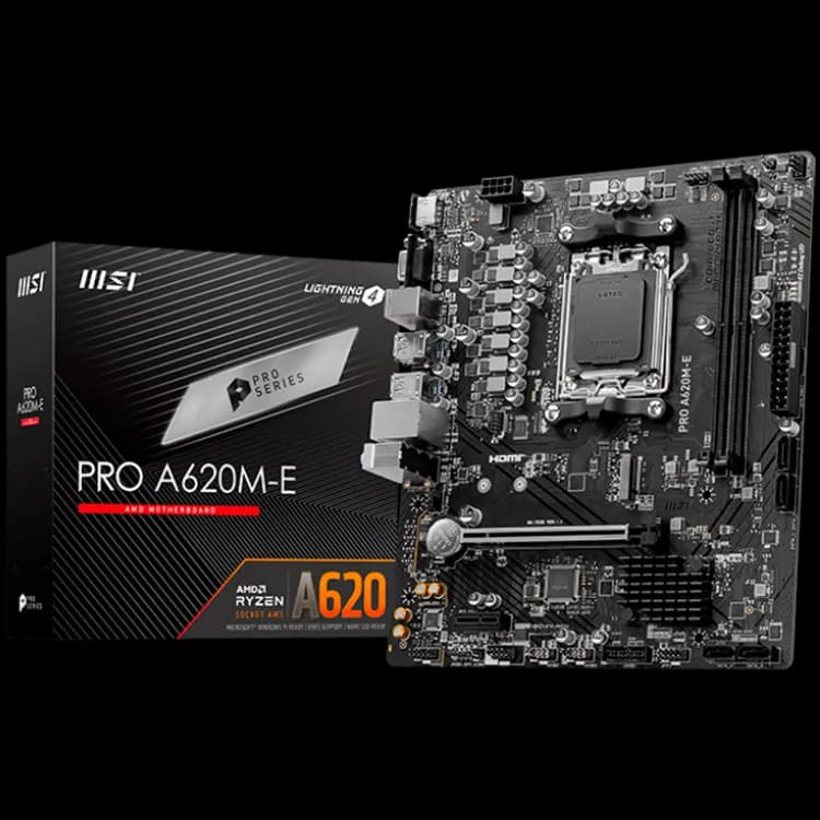 MSI PRO A620M-E, mATX, Socket AM5, Dual Channel DDR5 6800+MHz, 1x PCIe x16 slot, 1x M.2 slot, 1x HDMI, 1x VGA, 2x USB 3.2 Gen 1, 4x USB 2.0, 7.1 HD Audio, Realtek RTL8111H Gigabit LAN, 3Y