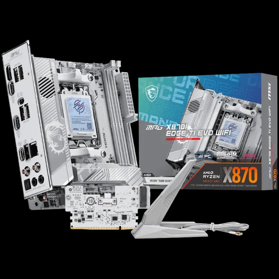 MSI MPG X870I EDGE TI EVO WIFI, mITX, Socket AM5, Dual Channel DDR5 10000+MHz OC , 1x PCIe x16 slot, 3x M.2 slot, 1x HDMI, 5x USB 3.2 Gen 2, 1x USB 3.2 Gen 2 Type C, 2x USB 40Gbps Type C, Expansion Card, 7.1 HD Audio, 5Gbps LAN, WIFI 7, BT, 3Y