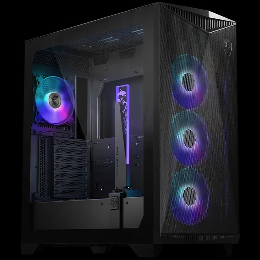 MSI MPG GUNGNIR 300R AIRFLOW, Mid-Tower, E-ATX/ATX/M-ATX/ITX, 2x USB 3.2 Gen 1 Type-A, 1x USB 3.2 Gen 2x2 Type-C, 1x Audio Mic, LED Switch Button, ARGB Hub, 4x 120mm ARGB Fans, 1mm Perforated Front Panel, 3mm Tempered Glass
