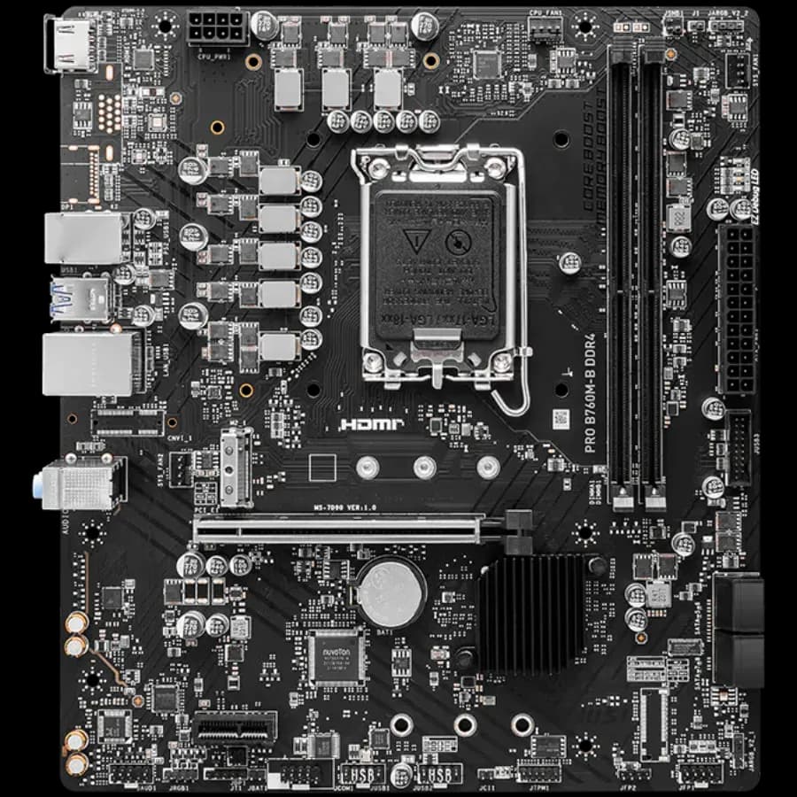 MSI Pro B760M-B DDR4, mATX, Socket 1700, Dual Channel DDR4 4800 OC MHz, 1x PCIe x16 slots, 2x M.2 slots, 1x HDMI, 1x DP, 1x VGA, 1x USB 3.2 Gen 2 Type-C, 1x USB 3.2 Gen 1, 4x USB 2.0, 2x ARGB Headers, 7.1 HD Audio, 1Gbps LAN, 3Y