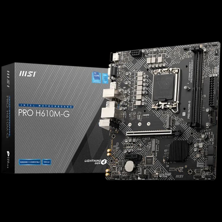 MSI Pro H610M-G, mATX, LGA1700, Dual Channel DDR5 5600+MHz, 1x PCIe x16 slot, 1x M.2 slot, 1x HDMI, 1x VGA, 2x USB 3.2 Gen 1, 4x USB 2.0, 7.1 HD Audio, Realtek ALC897 Codec, 1G LAN, 3Y