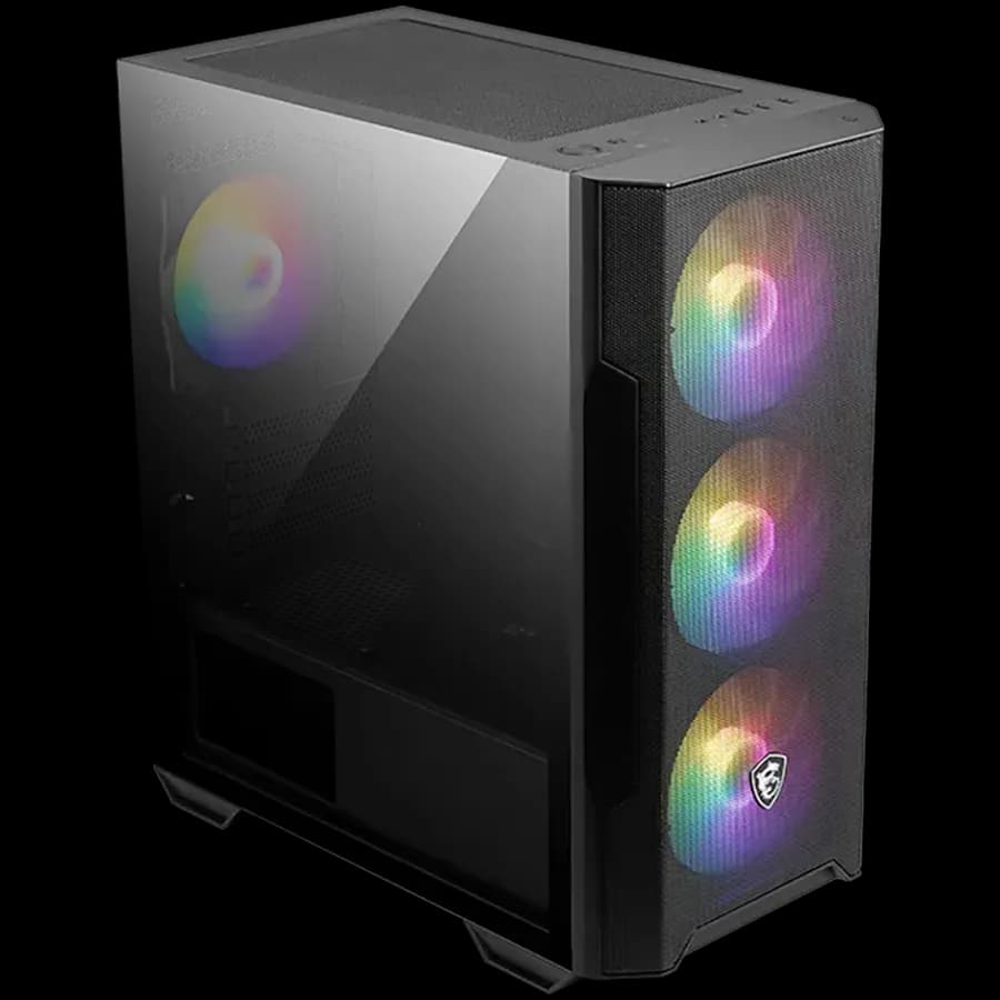 MSI MAG FORGE M100R, M-ATX Tower, M-ATX/ M-ITX, 1x USB 3.2 Gen 1 Type-A, 2x USB 2.0 Type-A, 1x Audio, 1x Mic, Power Button, 4x 120mm ARGB Fans, LED Button, ARGB Control Board, Mesh Panel, Tempered Glass