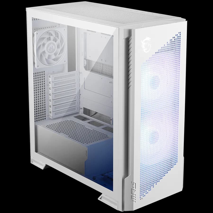 MSI MPG VELOX 300R AIRFLOW PZ WHITE, Mid-Tower, E_ATX/ATX Back-connect supported M-ATX/ITX, 2x USB 3.2, 1x USB Type-C 20Gbs, 1x Audio/Mic, LED Button, ARGB Fan Hub, 2x 160mm ARGB + 1x 120mm Black Dual Layer Blades Fans, Mesh Panel, Tempered Glass