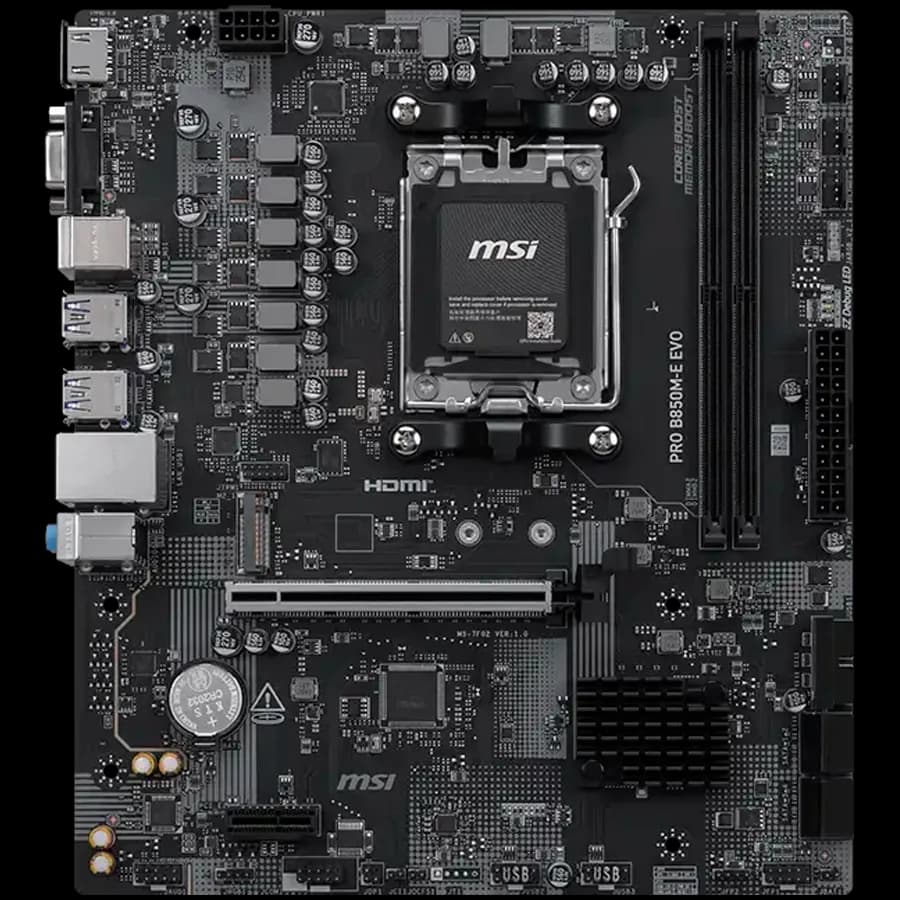 MSI Pro B850M-E EVO, mATX, Socket AM5, 2x DDR5 Dual Channel up to 8200 OC MHz, 1x PCIe x16 slot, 1x M.2 slot, 4x USB 5Gbps, 2x USB 2.0, HDMI, VGA, 7.1 HD Audio, 2.5G LAN, 3Y