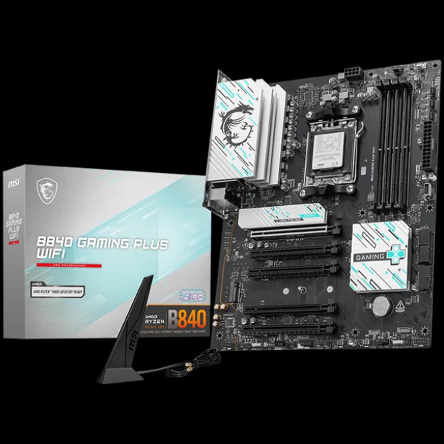 MSI B840 Gaming PLUS WIFI, ATX, Socket AM5, 4x DDR5 Dual Channel DDR5 up to 8000 OC MHz, 5x PCIe x16 slot, 2x M.2 slot, 4x USB 2.0, 2x USB 5Gbps, 1x USB 10Gbps, 1x USB 10Gbps Type-C, HDMI, 7.1 HD Audio, 2.5G LAN, WiFi, BT, 3Y