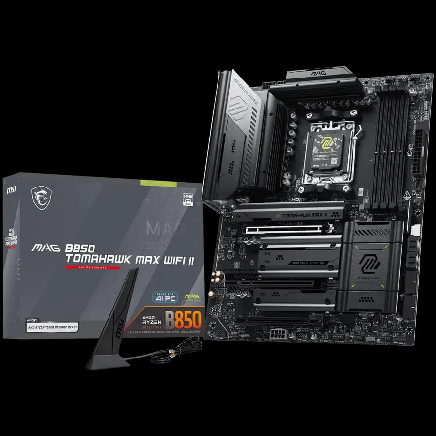 MSI MAG B850 Tomahawk MAX WIFI II, ATX, Socket AM5, 4x DDR5 Dual Channel DDR5 up to 8400 OC MHz, 3x PCIe 3.0 x16 slot, 4x M.2 slot, 4x USB 2.0, 1x USB 5Gbps, 2x USB 10Gbps, 3x USB 10Gbps Type-C, HDMI, 7.1 HD Audio, 5G LAN, WiFI 7, BT, 3Y