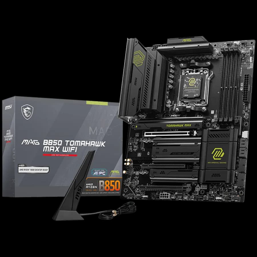 MSI MAG B850 Tomahawk MAX WIFI, ATX, Socket AM5, 4x DDR5 Dual Channel DDR5 up to 8400 OC MHz, 3x PCIe 3.0 x16 slot, 4x M.2 slot, 4x USB 2.0, 1x USB 5Gbps, 2x USB 10Gbps, 3x USB 10Gbps Type-C, HDMI, 7.1 HD Audio, 5G LAN, WiFI 7, BT, 3Y