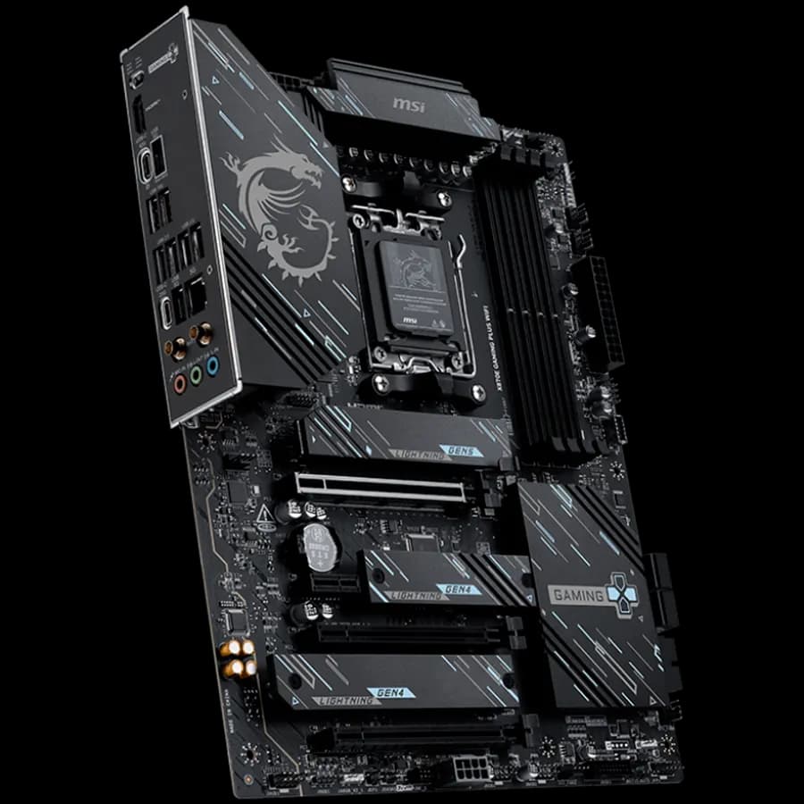 MSI X870E Gaming PLUS WIFI, ATX, Socket AM5, 4x DDR5 Dual Channel DDR5 up to 8200 OC MHz, 3x PCIe x16 slot, 3x M.2 slot, 4x USB 2.0, 2x USB 5Gbps, 2x USB 10Gbps, 1x 20Gbps Type-C, 1x 40Gbps Type-C, HDMI, 7.1 HD Audio, 5G LAN, WiFI 7, BT, 3Y