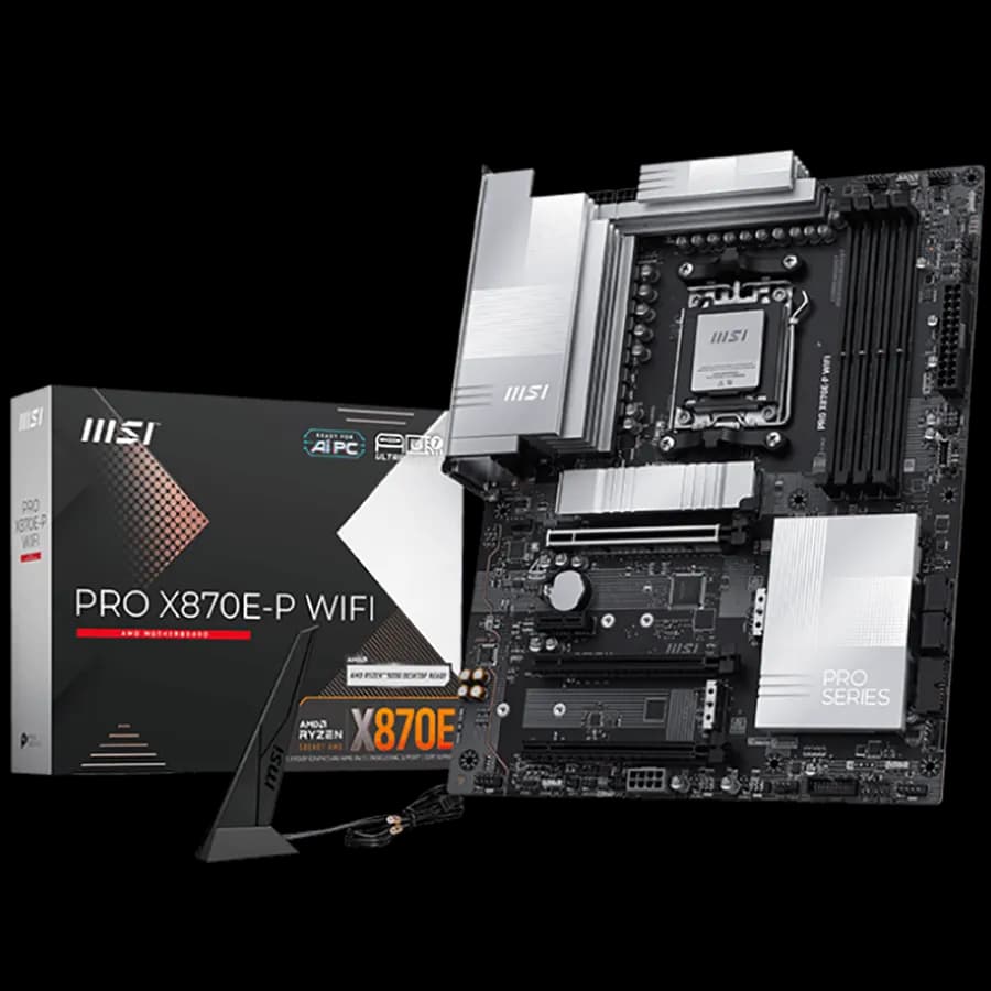 MSI Pro X870E-P WIFI, ATX, Socket AM5, 4x DDR5 Dual Channel DDR5 up to 8200 OC MHz, 3x PCIe x16 slot, 3x M.2 slot, 4x USB 2.0, 2x USB 5Gbps, 2x USB 10Gbps, 1x 20Gbps Type-C, 1x 40Gbps Type-C, HDMI, 7.1 HD Audio, 5G LAN, WiFI 7, BT, 3Y