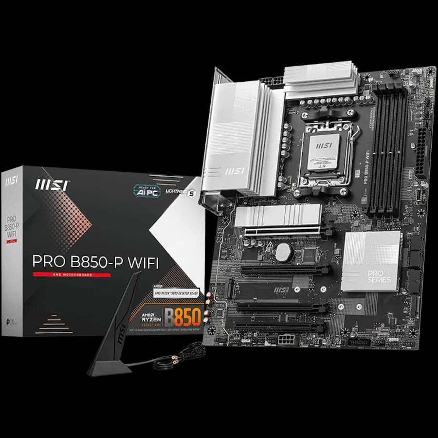 MSI Pro B850-P WIFI, ATX, Socket AM5, 4x DDR5 Dual Channel DDR5 up to 8200 OC MHz, 4x PCIe 3.0 16 slots, 3x M.2 slots, 4x USB 2.0, 1x USB 5Gbps, 1x USB 10Gbps, 2x USB 10Gbps Type-C, HDMI, 7.1 HD Audio, 5G LAN, WiFI 7, BT, 3Y