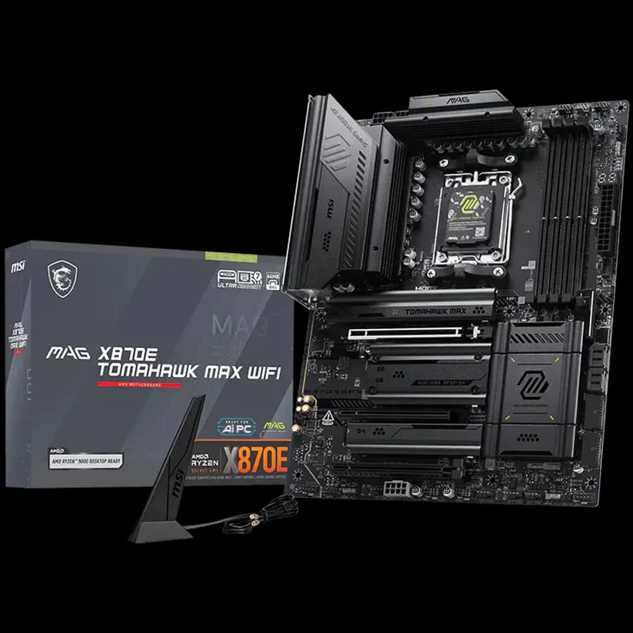 MSI MAG X870E Tomahawk MAX WIFI, ATX, Socket AM5, 4x DDR5 Dual Channel DDR5 up to 8400 OC MHz, 3x PCIe 3.0 x16 slot, 4x M.2 slot, 4x USB 2.0, 3x USB 5Gbps, 2x USB 10Gbps, 1x 10Gbps Type-C, 2x 40Gbps Type-C, HDMI, 7.1 HD Audio, 5G LAN, WiFI 7, BT, 3Y