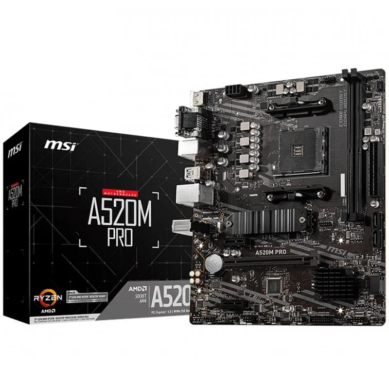 MSI Main Board Desktop A520M Pro AM4, 2xDDR4, 1xPCI-E X16, 2xPCI-E X1, 4xSATA3, 1xM.2, RAID, 6xUSB3.2 Gen1, 6xUSB2.0, DP, VGA, HDMI, Audio, GLAN mATX Retail