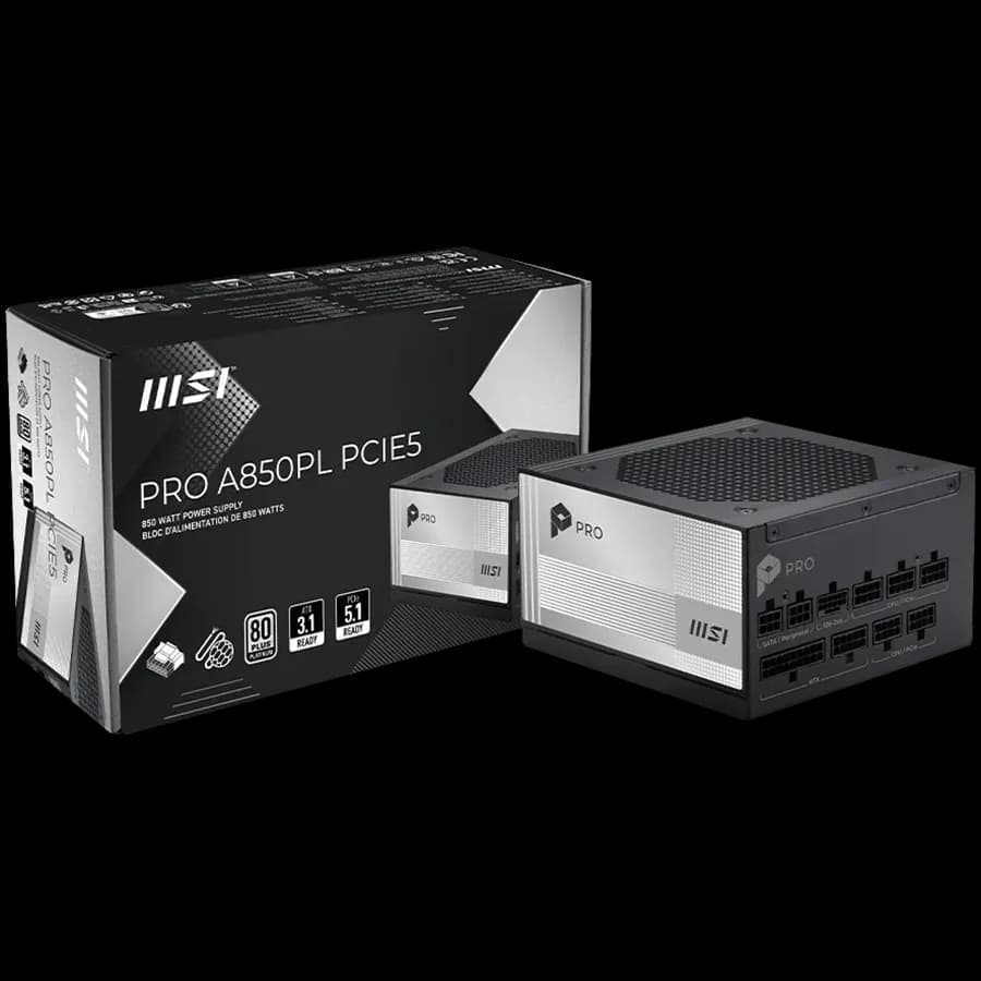 MSI PRO A850PL PCIE5, 850W, 80 Plus Platinum, 120mm Fluid Dynamic Bearing Fan, Protections: OCP/OTP/OPP/SCP/OVP/UVP/SIP/NLO, Dimensions: 150mmx150mmx86mm, 7Y Warranty