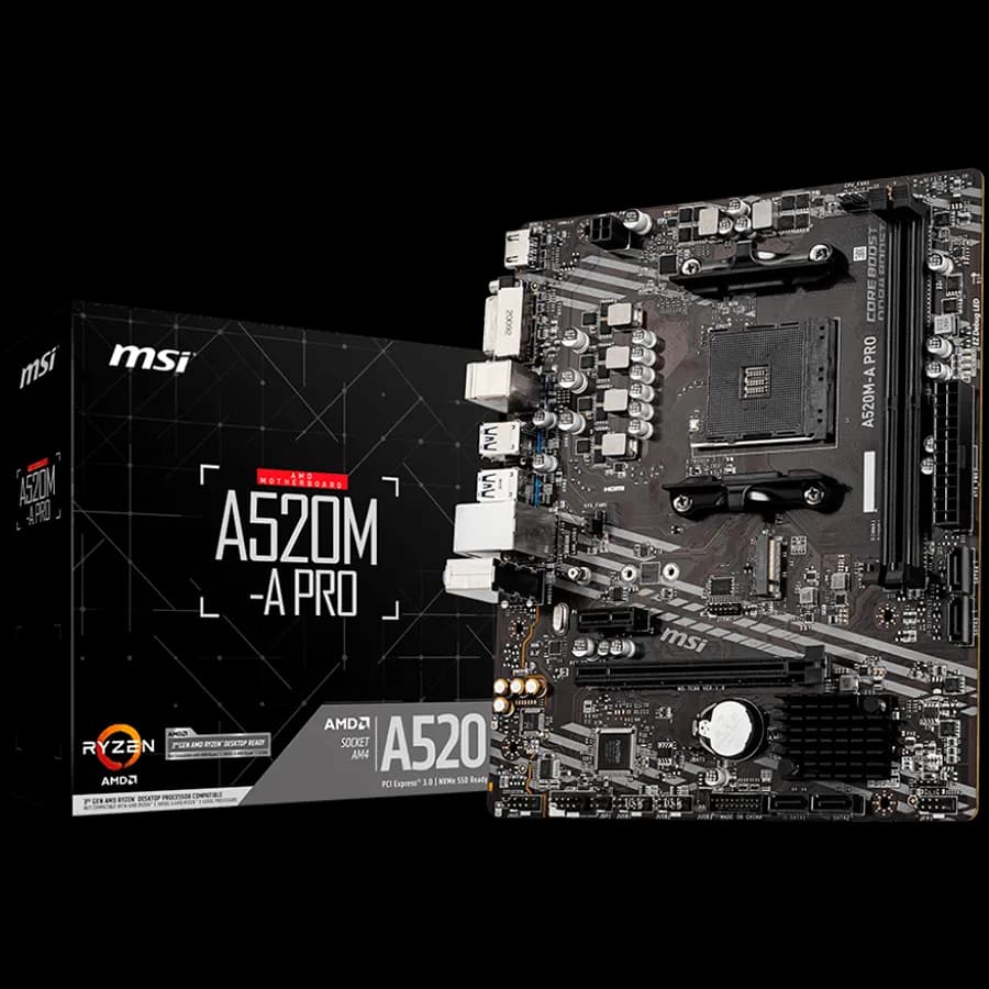 MSI Main Board Desktop A520M-A PRO A520, AM4, 2xDDR4, 1x PCI-E 3.0 x16 slot,1x M.2 slot,4x USB 3.2 Gen1,2x USB 2.0,1x HDMI,1x DVI-D,Gigabit LAN,7.1 HD Audio, mATX, Retail