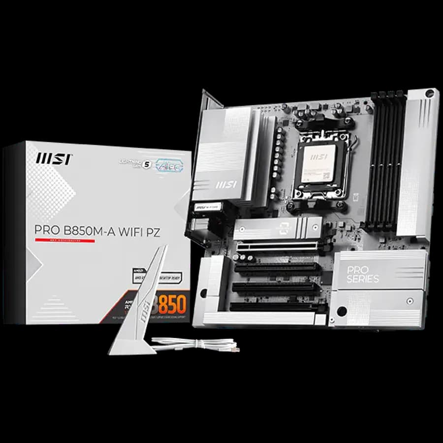 MSI Pro B850M-A WIFI PZ, mATX, Socket AM5, 4x DDR5 Dual Channel DDR5 up to 8200 OC MHz, 4x PCIe x16 slot, 2x M.2 slot, 3x USB 5Gbps, 3x USB 10Gbps, 1x USB 10Gbps Type-C, 7.1 HD Audio, 5G LAN, WiFI 7, BT, 3Y