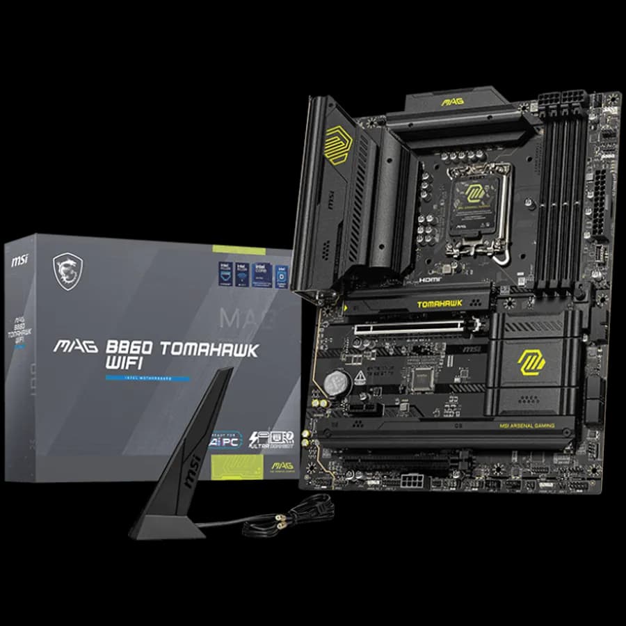 MSI MAG B860 Tomahawk WIFI, ATX, LGA 1851, 4x DDR5 Dual Channel DDR5 up to 9200 OC MHz, 2x PCIe x16 slot, 3x M.2 slot, 4x USB 2.0, 4x USB 10Gbps, 1x USB 10Gbps Type-C, 1x USB 40Gbps Type-C, HDMI, DP, 7.1 HD Audio, 5G LAN, WiFi, BT, 3Y