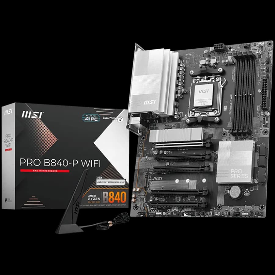 MSI Pro B840-P WIFI, ATX, Socket AM5, 4x DDR5 Dual Channel DDR5 up to 8000 OC MHz, 5x PCIe x16 slot, 2x M.2 slot, 4x USB 2.0, 2x USB 5Gbps, 1x USB 10Gbps, 1x USB 10Gbps Type-C, HDMI, 7.1 HD Audio, 2.5G LAN, WiFi, BT, 3Y