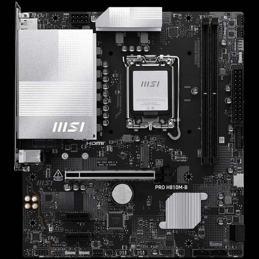 MSI Pro H810M-B, mATX, LGA 1851, 2x DDR5 Dual Channel DDR5 up to 6400 OC MHz, 1x PCIe x16 slot, 1x M.2 slot, 4x USB 2.0, 2x USB 5Gbps, HDMI, DP, 7.1 HD Audio, 2.5G LAN, 3Y