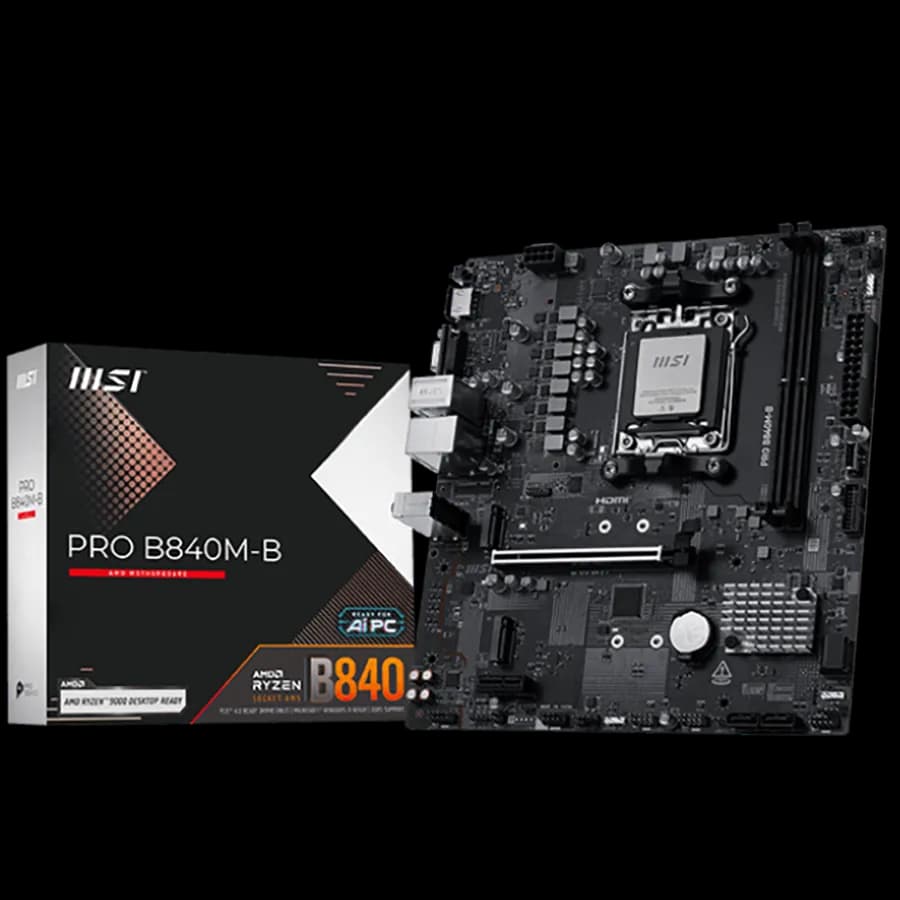 MSI Pro B840M-B, mATX, Socket AM5, 2x DDR5 Dual Channel DDR5 up to 8000 OC MHz, 1x PCIe x16 slot, 2x M.2 slot, 2x USB 2.0, 4x USB 5Gbps, HDMI, VGA, 7.1 HD Audio, 2.5G LAN, 3Y