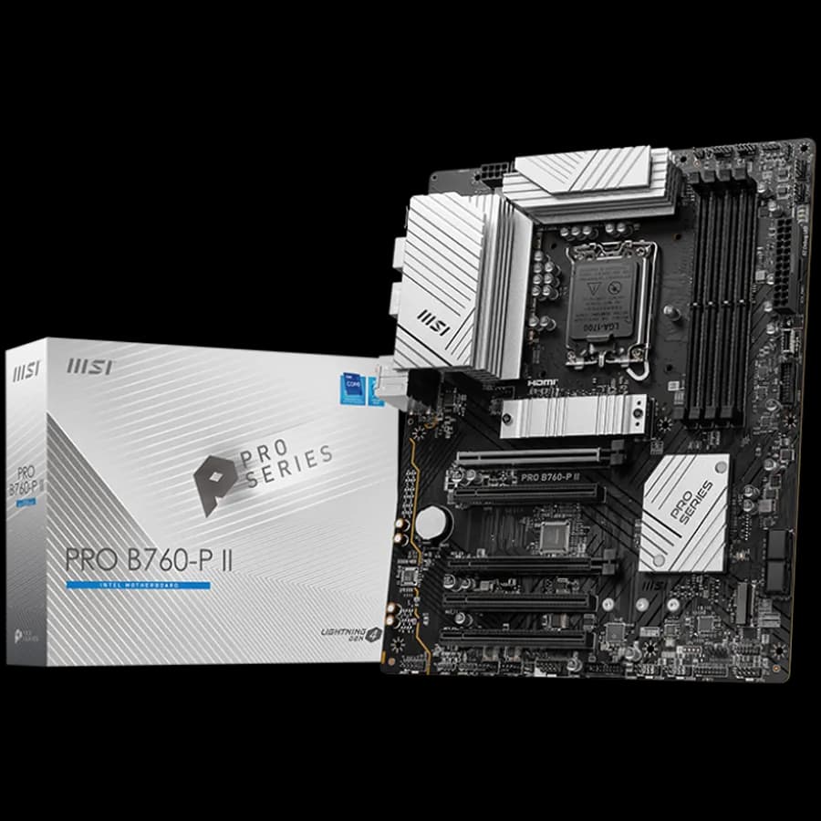 MSI Pro B760-P II, ATX, LGA 1700, Dual Channel DDR5 up to 7000MHz, 4xDDR5, 5x PCIe x16 slots, 2x M.2 slots, 1x HDMI, 1xDP, 2x USB 2.0, 2x USB 5Gbps, 1x Type-C, 7.1 HD Audio, 2.5G LAN, 4x EZ Debug LED, 3Y