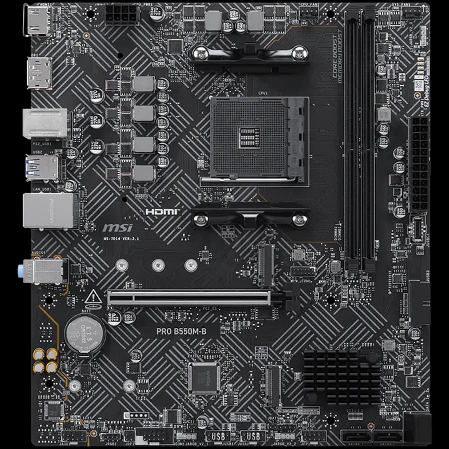 MSI Pro B550M-B, M-ATX, Socket AM4, 2 DIMM, Dual Channel DDR4 up to 4600+ OC MHz, 1x PCIe 4.0 x16 slot, 2x M.2 slots, 4x USB 3.2 Gen 1, 2x USB 2.0, 1x HDMI,1x DP, 1G LAN, 7.1 Audio, 3Y
