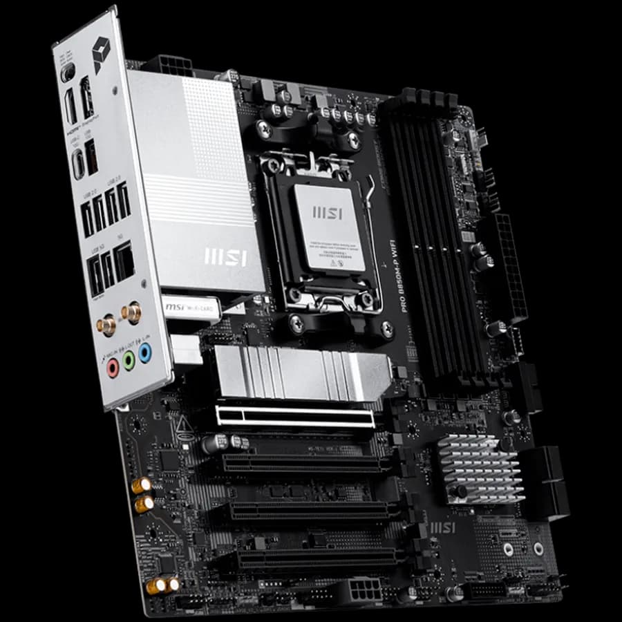 MSI Pro B850M-P WIFI, mATX, Socket AM5, 4x DDR5 Dual Channel DDR5 up to 8200 OC MHz, 4x PCIe x16 slot, 3x M.2 slot, 4x USB 2.0, 2x USB 5Gbps, 1x USB 10Gbps, 1x USB 10Gbps Type-C, DP, 7.1 HD Audio, 5G LAN, WiFI 7, BT, 3Y