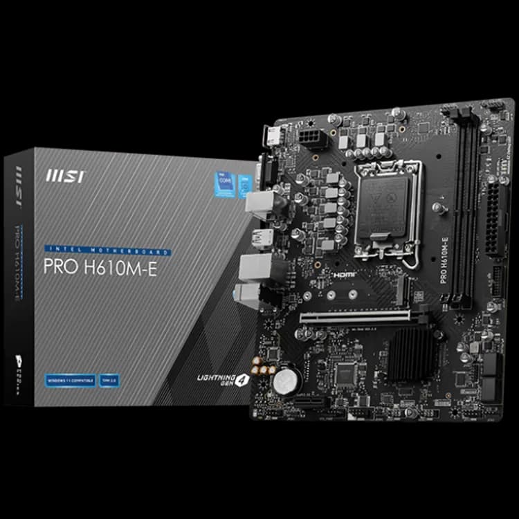 MSI Pro H610M-E, mATX, LGA 1700, Dual Channel DDR5 5600+MHz, 1x PCIe x16 slot, 1x M.2 slot, 1x HDMI, 1x VGA, 2x USB 3.2 Gen 1, 4x USB 2.0, 7.1 HD Audio, Realtek ALC897 Codec, 3Y