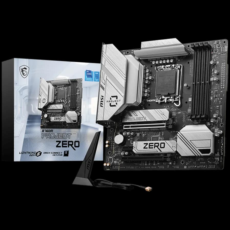 MSI B760M Project ZERO, mATX, Socket LGA 1700, Dual Channel DDR5 7800+ OC MHz, 2x PCIe x16 slots, 2x M.2 slots, 1x HDMI, 1x DP, 4xUSB 2.0, 3xUSB 10Gbps Type A, 1xUSB 20Gbps Type C, 7.1 HD Audio, 2.5Gbps LAN