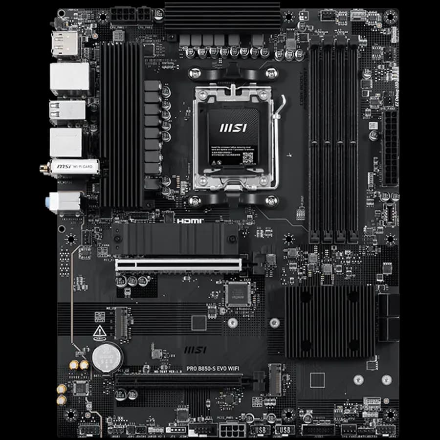 MSI Pro B850-S EVO WIFI, ATX, Socket AM5, 4x DDR5 Dual Channel up to 8200 OC MHz, 2x PCIe x16 slot, 3x M.2 slot, 4x USB 2.0, 2x USB 5Gbps, 2x USB 10Gbps, 1x USB 10Gbps Type-C, HDMI, DP, 7.1 HD Audio, 5G LAN, WiFI 7, BT, 3Y