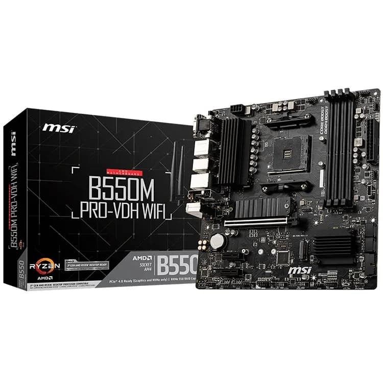 MSI B550M PRO-VDH WIFI,m-ATX,Socket AM4,AMD B550 Chipset,4 DIMMs,Dual Channel DDR4 up to 4400+ OC MHz,1x PCIe 4.0 .0 x16 slot,2x M.2 slots,4x USB 3.2 Gen 1,2x USB 2.0,1x HDMI,1x DP,1x VGA,WiFi,1G LAN,7.1 Audio,3y warranty