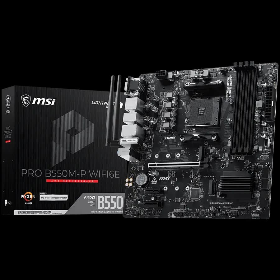 MSI Pro B550M-P WIFI6E, M-ATX, Socket AM4, 4 DIMM, Dual Channel DDR4 up to 4400+ OC MHz, 1x PCIe 4.0 x16 slot, 2x M.2 slots, 4x USB 3.2 Gen 1, 2x USB 2.0, 1x HDMI,1x DP, 1x VGA, 1G LAN, WIFI6E, 7.1 Audio, 3Y