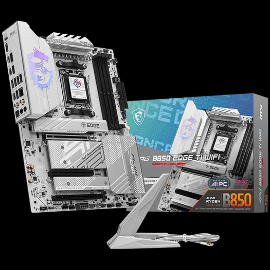 MSI MPG B850 EDGE TI WIFI, ATX, Socket AM5, 4x DDR5 Dual Channel DDR5 up to 8400 OC MHz, 3x PCIe 3.0 x16 slot, 4x M.2 slot, 4x USB 2.0, 1x USB 5Gbps, 2x USB 10Gbps, 3x USB 10Gbps Type-C, HDMI, 7.1 HD Audio, 5G LAN, WiFI 7, BT, 3Y