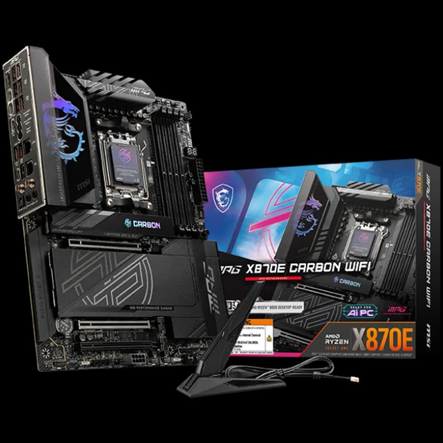 MSI MPG X870E Carbon WIFI, ATX, Socket AM5, 4x DDR5 Dual Channel DDR5 up to 8400 OC MHz, 3x PCIe 3.0 x16 slot, 4x M.2 slot, 9x USB 10Gbps, 2x 10Gbps Type-C, 2x 40Gbps Type-C, HDMI, 7.1 HD Audio, 2.5 LAN, WiFI 7, BT, 3Y