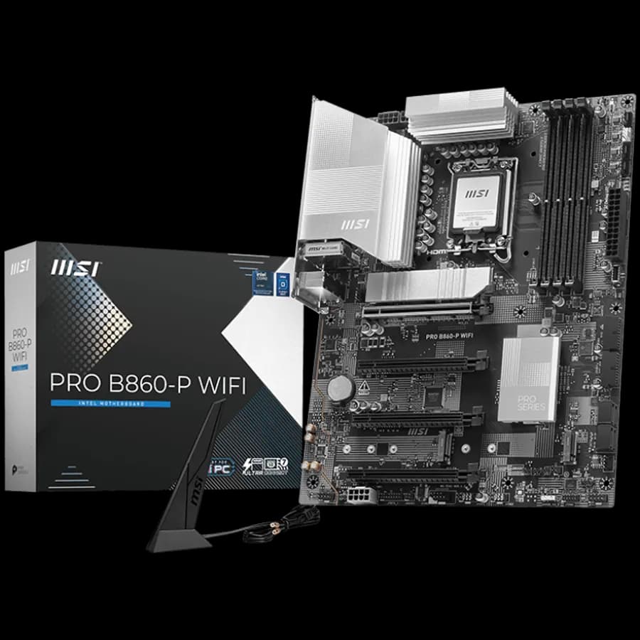 MSI Pro B860-P WIFI, ATX, LGA 1851, 4x DDR5 Dual Channel DDR5 up to 8600 OC MHz, 4x PCIe x16 slot, 3x M.2 slot, 4x USB 2.0, 2x USB 5Gbps, 2x USB 10Gbps, 1x USB 40Gbps Type-C, HDMI, DP, 7.1 HD Audio, 5G LAN, WiFi, BT, 3Y